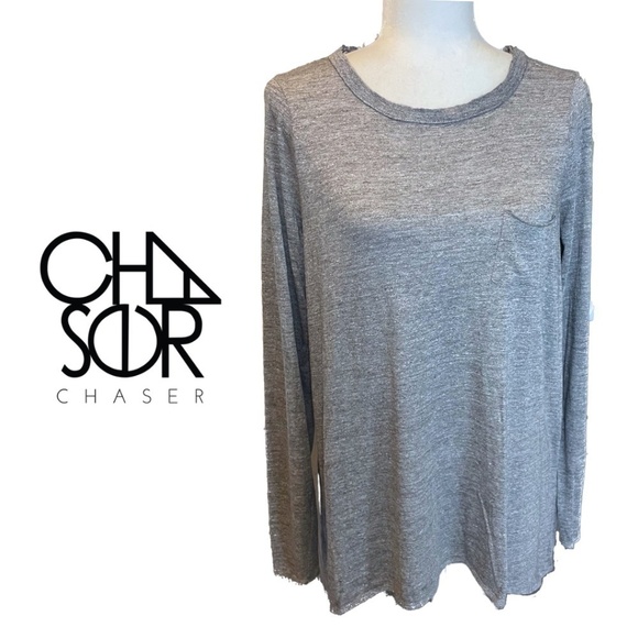 Chaser Long Sleeve Flounce Pocket Tee, Tri-blend Jersey, Streaky Gray, Size M - Picture 1 of 7